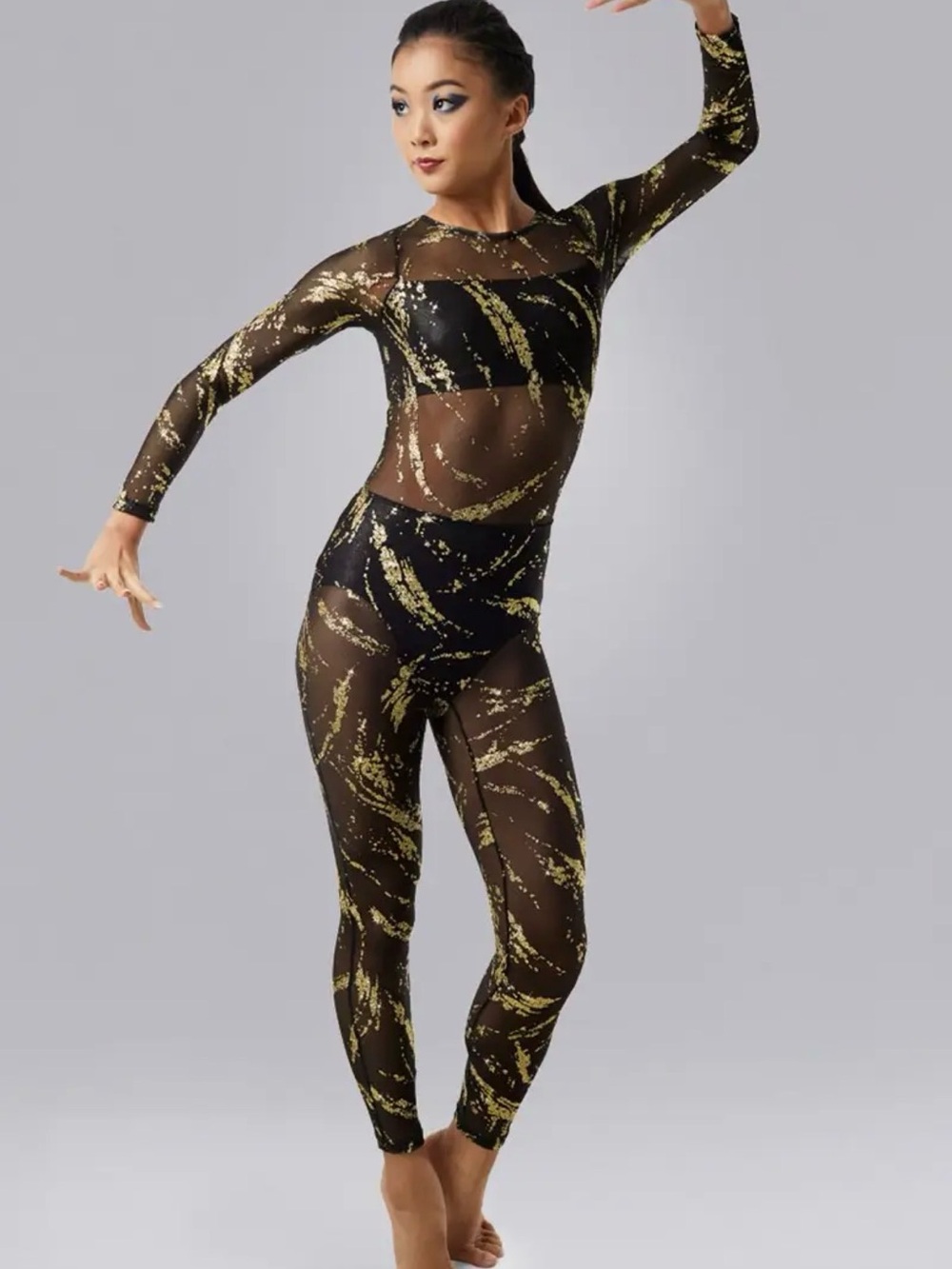 Weissman girl’s black and gold glitter brush mesh unitard long sleeves size LC